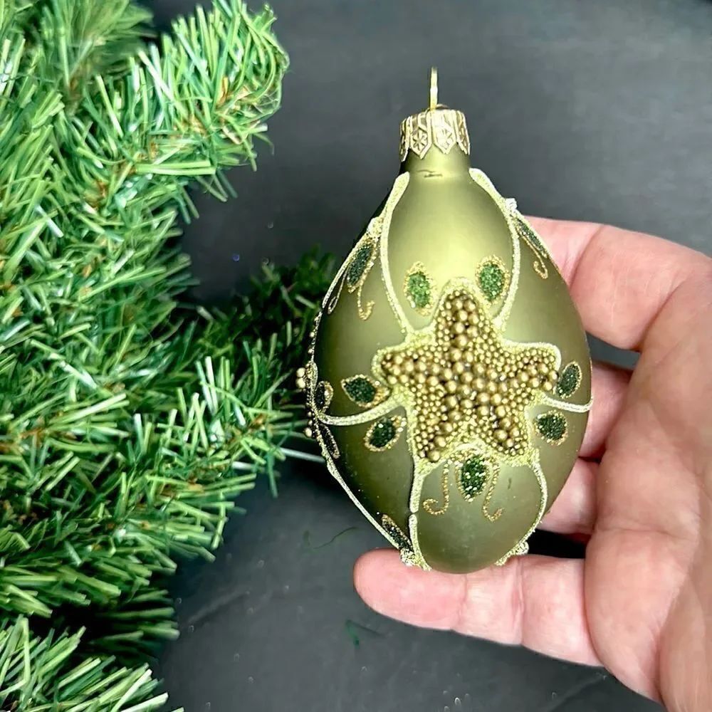 Department 56 Poland Glass Christmas Tree Ornament Olive Green Beaded